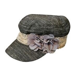 Relativity Cabbie Hat Cap Gray Purple Flower Y2K Lizzie McGuire Frumpy Lace Flat